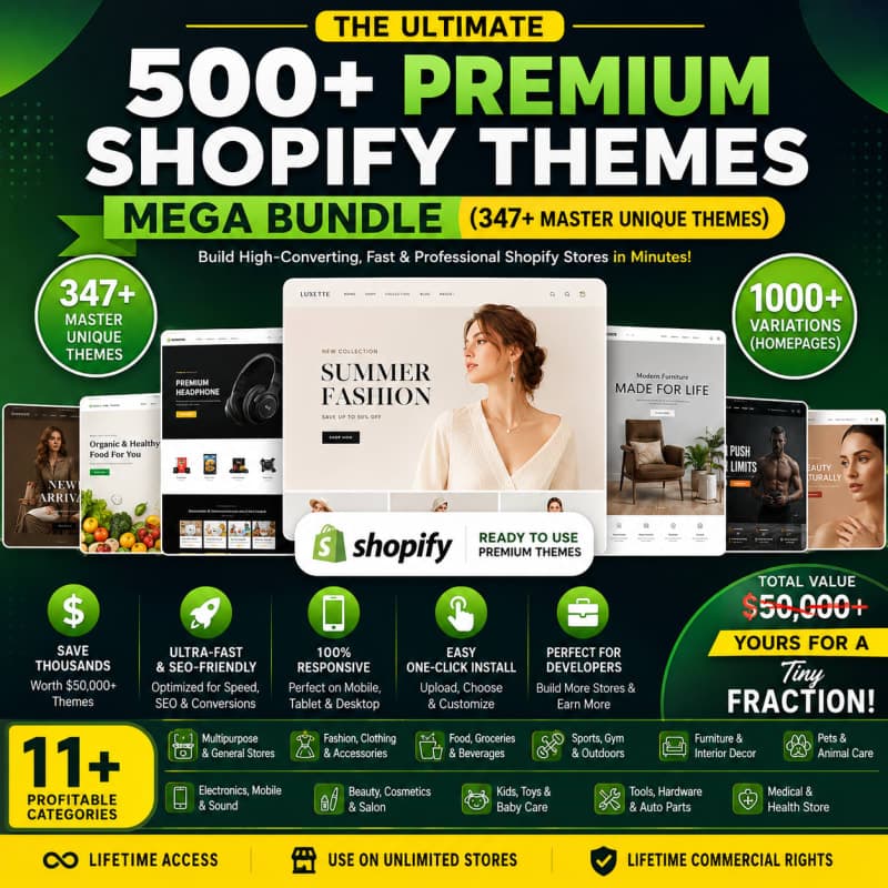 500+ Premium Shopify Themes Mega Bundle (347+ Master Unique Themes)