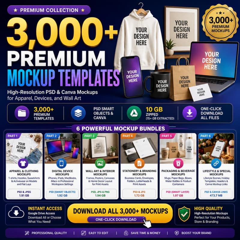 3000+ Premium Mockup Templates Bundle – PSD & Canva Mockups Collection